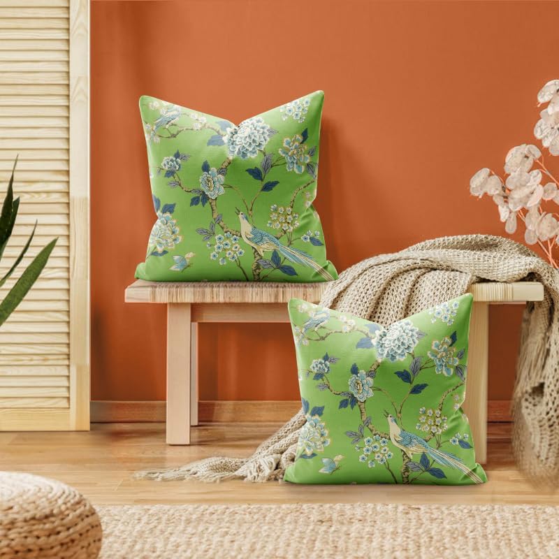 Miniatura 2 de Chinoiserie - Juego de 2 fundas de almohada de 18 x 18 pulgadas, diseño de flores verdes y pájaros, fundas de almohada de lino para exteriores,