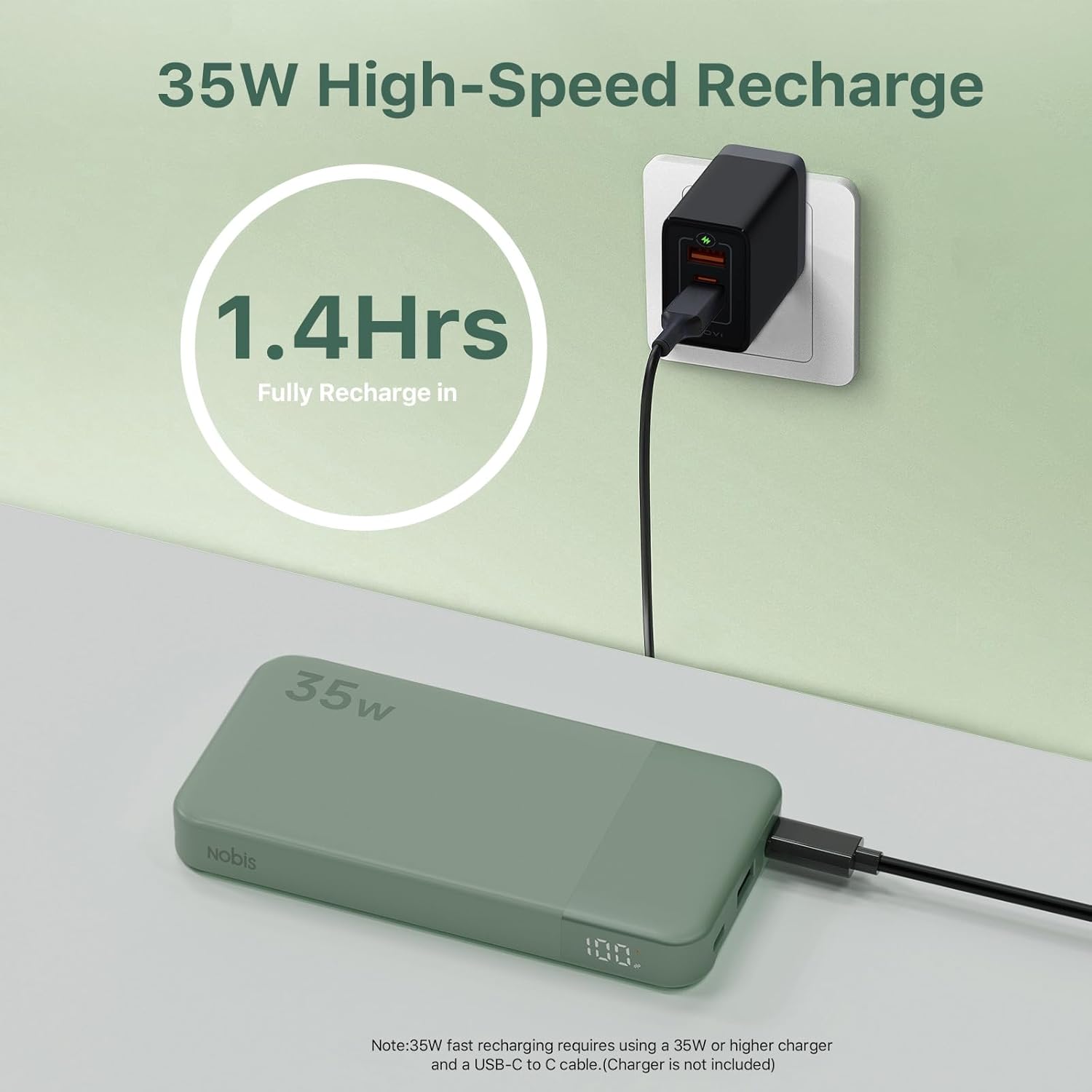 NOBIS Portable Charger, 10000mAh Power Bank Fast Charging, Battery Pack with C to C Cable, Battery Bank with Digital Display for iPhone iPad Android etc (Green, 35W) - Image 3