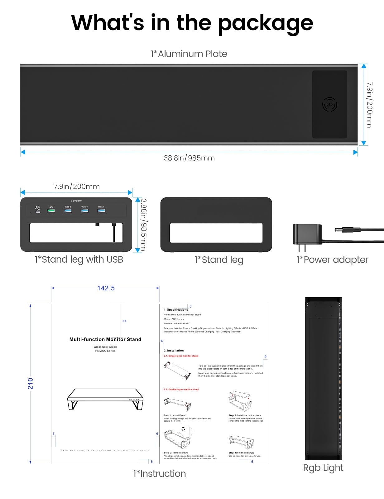 Vaydeer Dual-Monitor-Ständer mit kabelloser Aufladung und 4 USB-Hubs - Metallständer für 2 Monitore - Unterstützt bis zu 32 Zoll - für Computer, Laptop - Schwarz