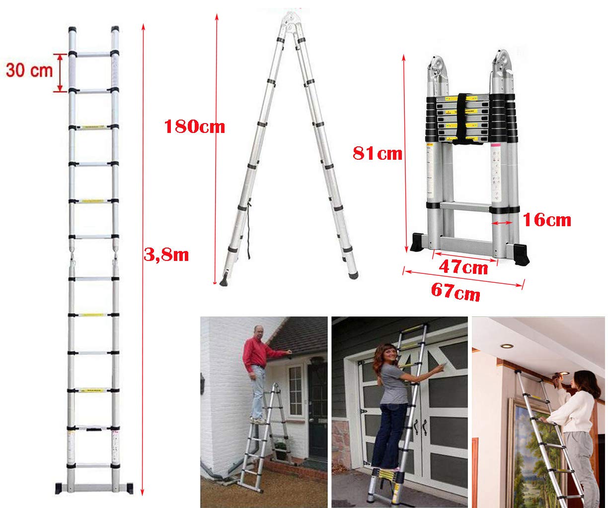 Alu Teleskopleiter 3,8M klappleiter 1,9M+1,9M A Rahmen Leiter mit Stützstange 12 sprossen Aluleiter Ausziehbar Schiebeleitern rutschfest EN131 Mehrzweckleiter belastbar bis 150 kg