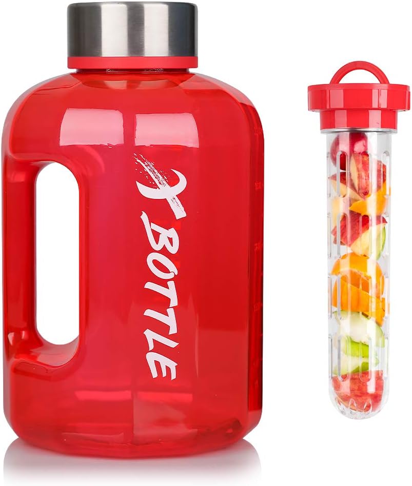 Half Gallon Water Bottle with Infuser, BPA Free 84oz Large Water Bottle Dishwasher Safe Hydration with Motivational Time Mark Leak-Proof 2.5L Sports Water Bottle for Camping Sports Workouts (Red)
