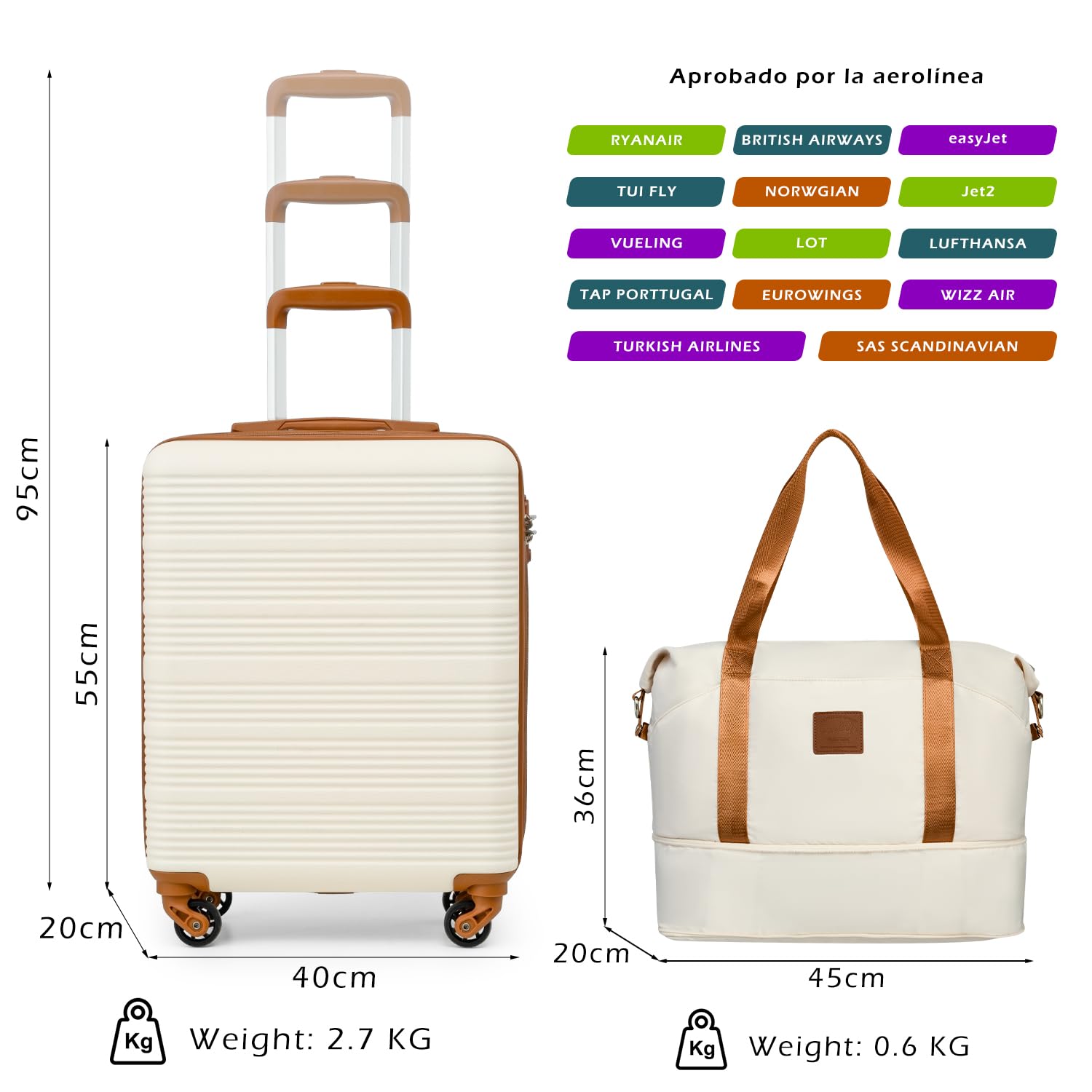 COOLIFE Maleta Cabina 55x40x20 para Easyjet, Bolsa de Viaje 45x36x20cm para Viajes Cortos y Viajes de Negocios, Trolley Cabina de ABS con Candado TSA, 4 Ruedas de 360° (Blanco/Marrón)