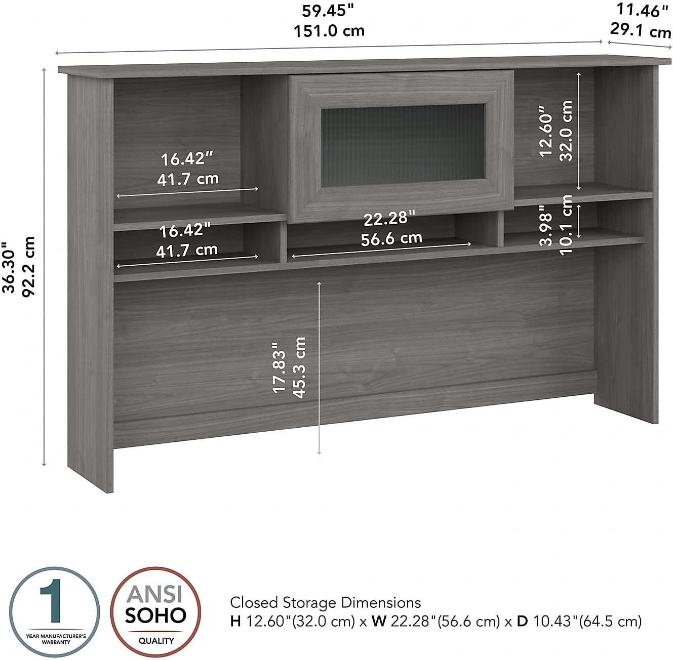 Diagram showing detailed dimensions of the Bush Furniture Cabot 60W Hutch