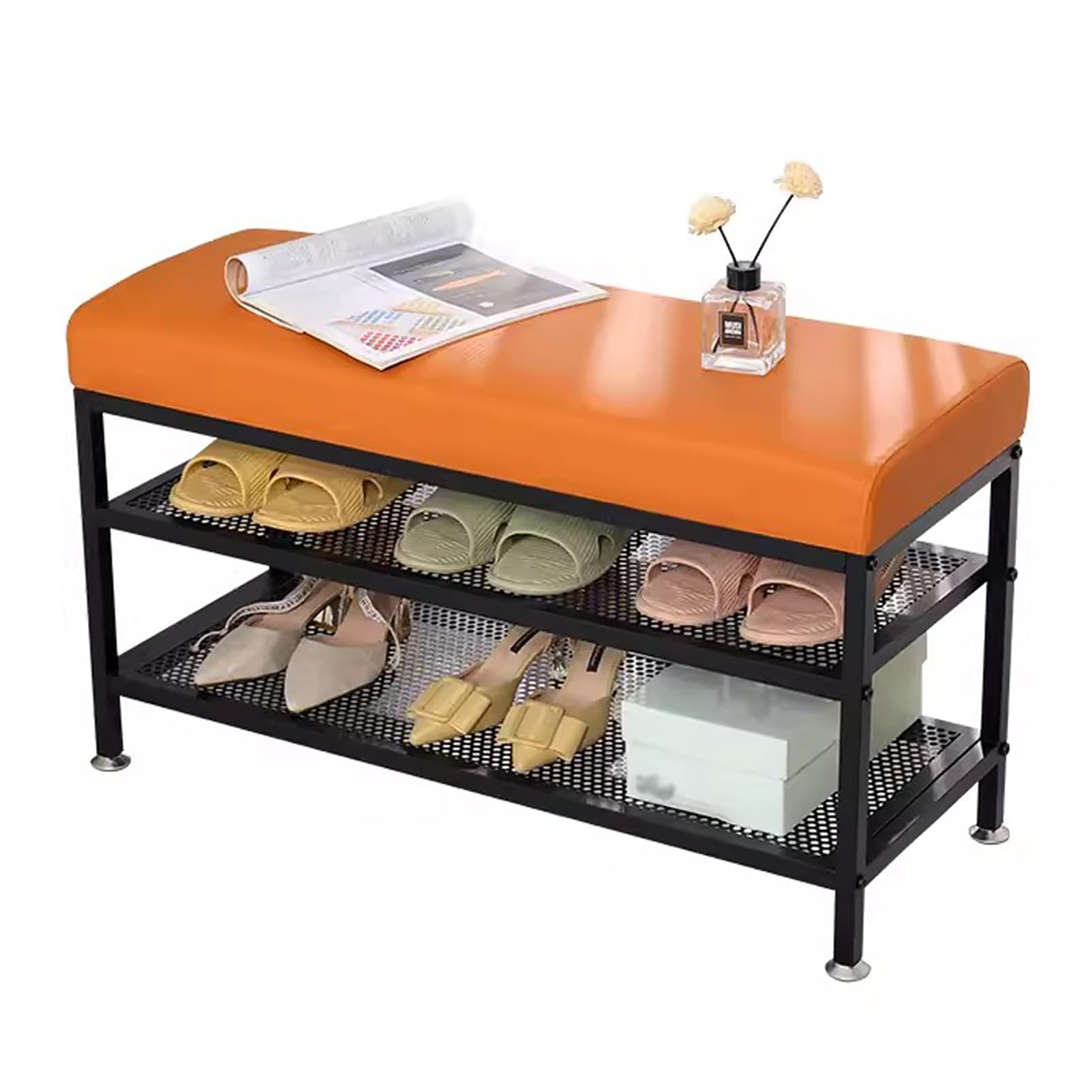 Solution durable et peu encombrante : banc à chaussures orange pour entrée