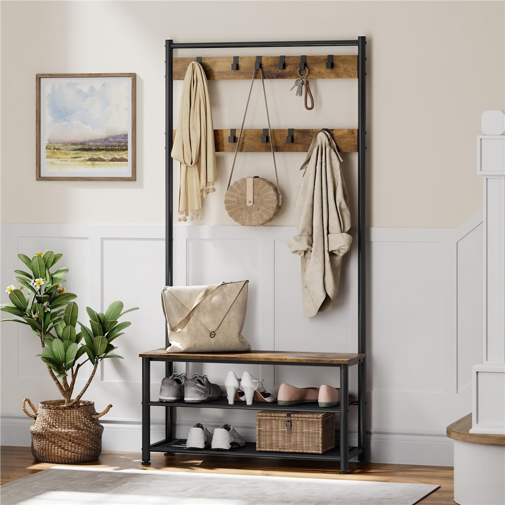 Yaheetech Coat Rack, Industrial Hall Tree Coat Stand with Shoe Bench, 3-in-1 Coat and Shoe Rack Storage for Hallway, Entryway, 33.5x85.5x184.5 cm, Rustic Brown