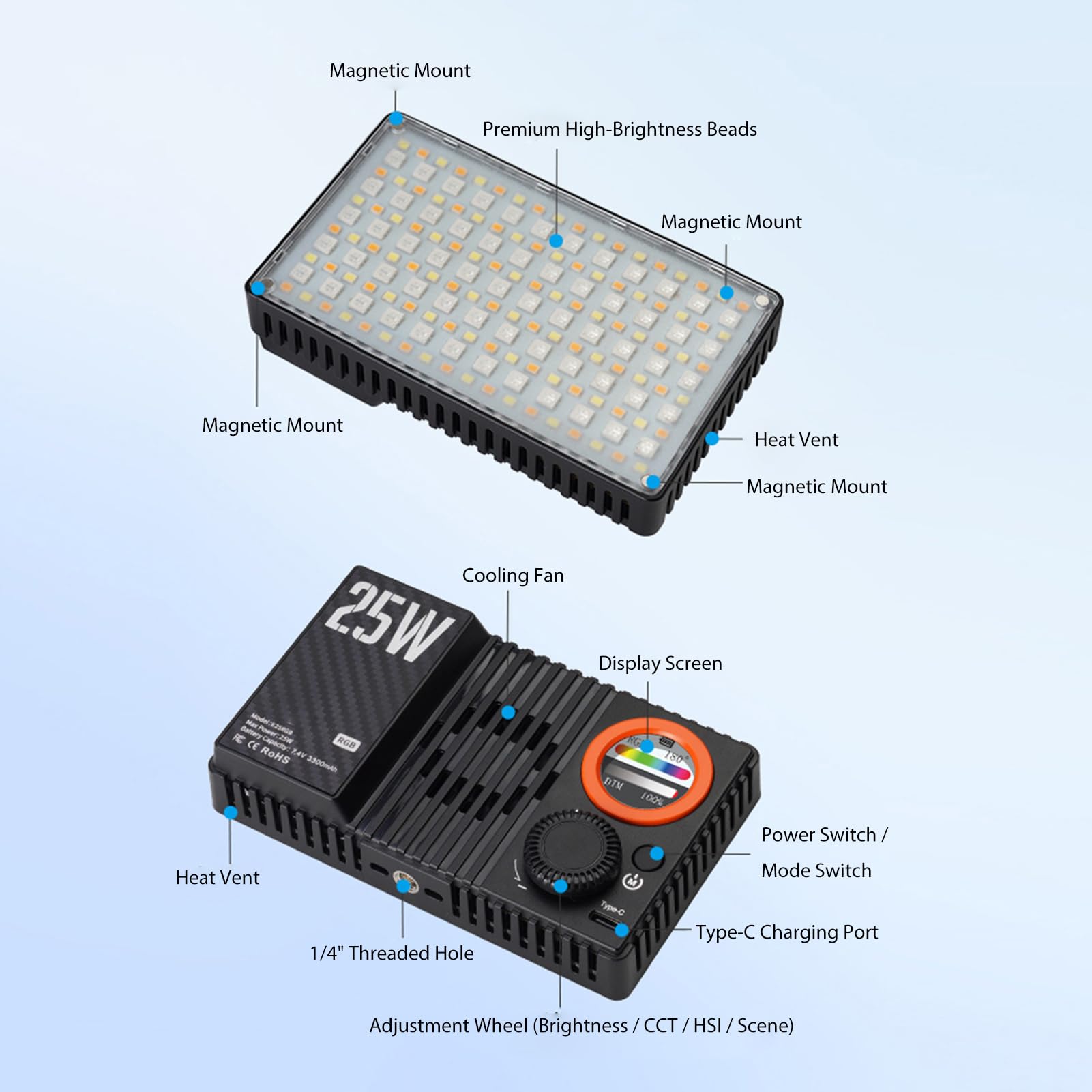 Andoer Luz Relleno RGB 25W Recargable 168 Luces de Vídeo LED 1800K-9000K Luz Vlog Regulable para Fotografía