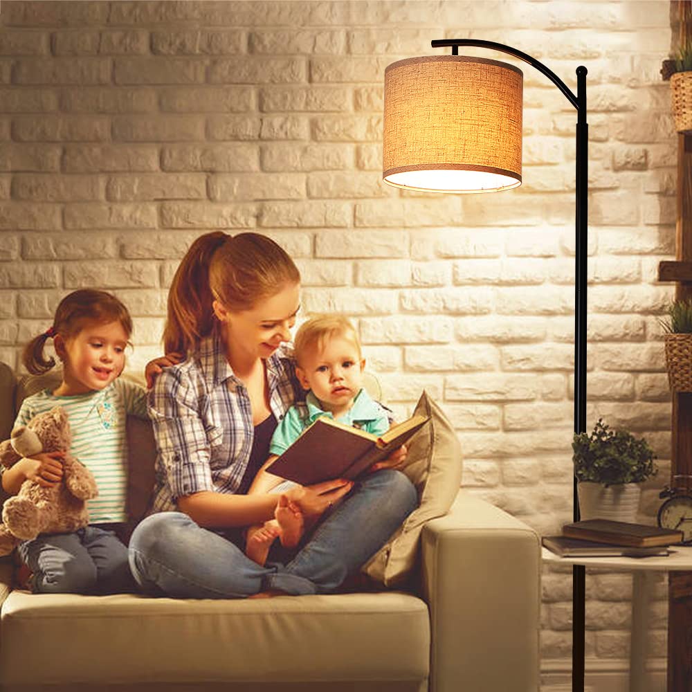 Lampada da Terra Salotto 1.6M, Lampada da Terra ad Arco 720LM 3000K Bianco Caldo, Piantana LED con una Lampadina LED da 9W(E27), Paralume in Lino Beige, Base in Ferro, per Camera da Letto, Soggiorno