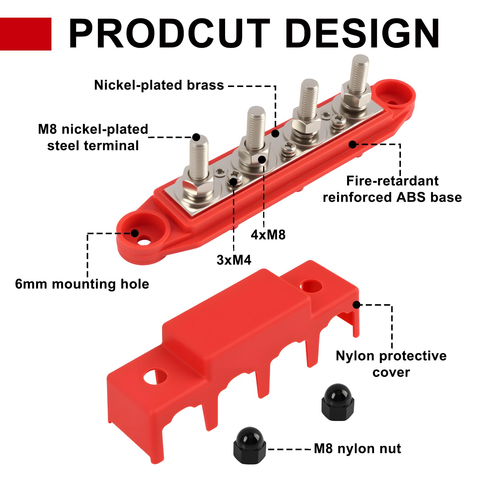 2 piezas 12 V-48 V Barra de distribución de alimentación, 250 A Bloque de terminales eléctrico con 4 x M10 pernos de terminal, bloque de distribución DC, barra colectora M8 con tapa (rojo y negro)
