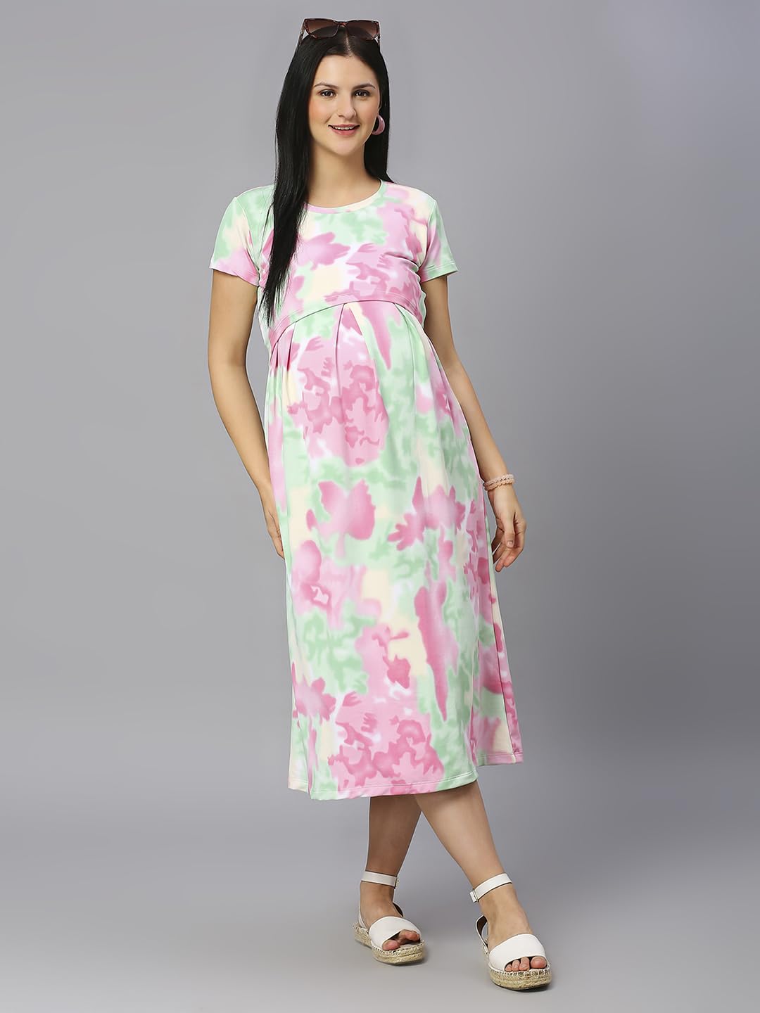 True Shape Maternity Gown for Women | Stylish Zipless Feeding Kurta with Breastfeeding Access & Side Pockets in Knitted Hosiery for Pre & Post Pregnancy(TSH-188-L, Han Pink) 2