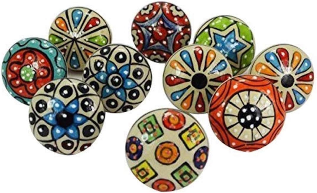JSRDorpmarket 10 Pieces Set Dotted Ceramic Cabinet Colorful Knobs Furniture Handle Drawer Pulls