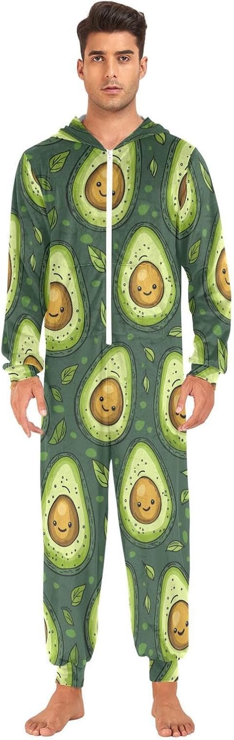 ZZKKO Green Avocado Cute Adult Onesie Pajamas for Women Men Cozy One Piece Pajamas Costume Zip-Up Hooded S-XL