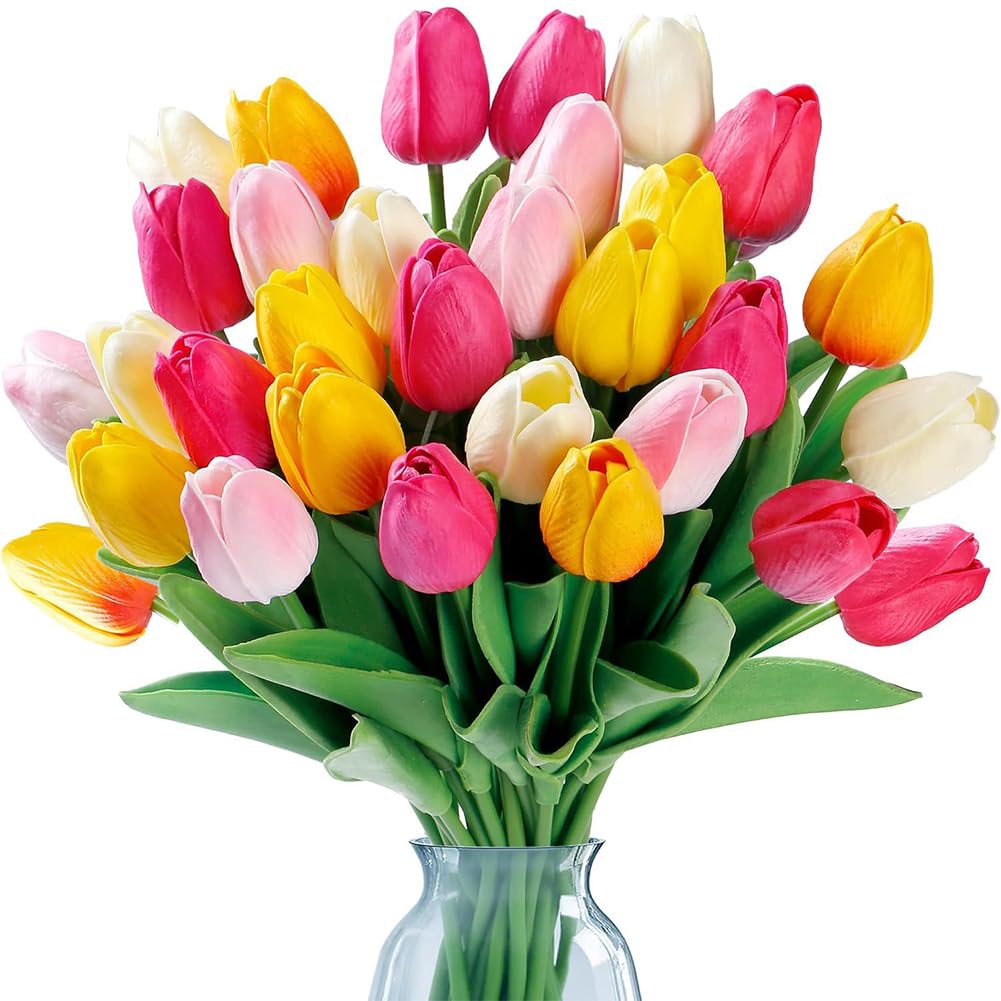 MIFKLMV Artificial Tulips, 15Pcs Fake Tulips, Artificial Flowers Fake Flowers Home Decor Wedding Bouquet Table Decoration Office Hotel Decor - 13.2 inch