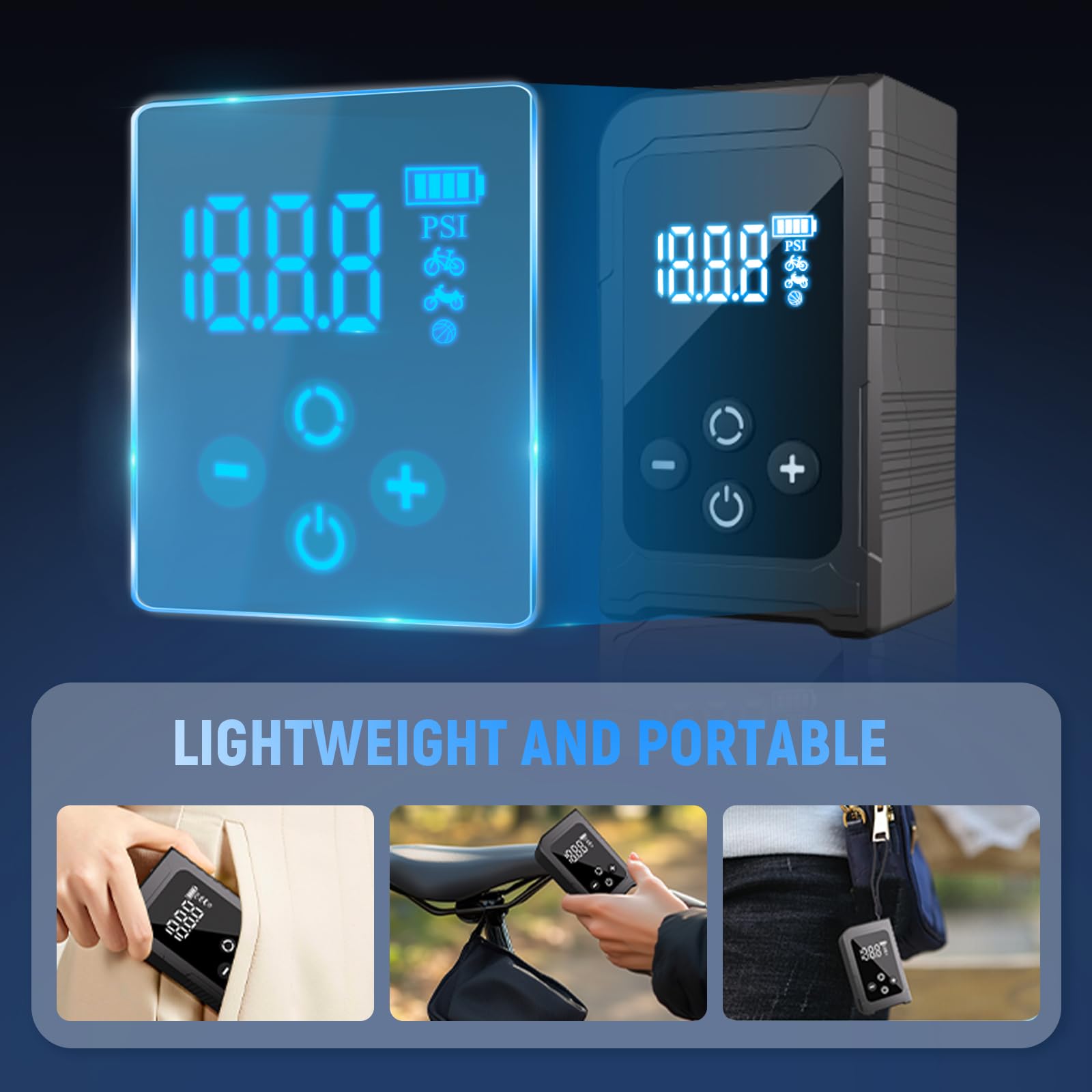 AMFUN Mini Electric Bike Pump, Portable Bicycle Pumps, Max 120 PSI Tiny Pump with Gauge,Auto-Off & LED Light - Image 3