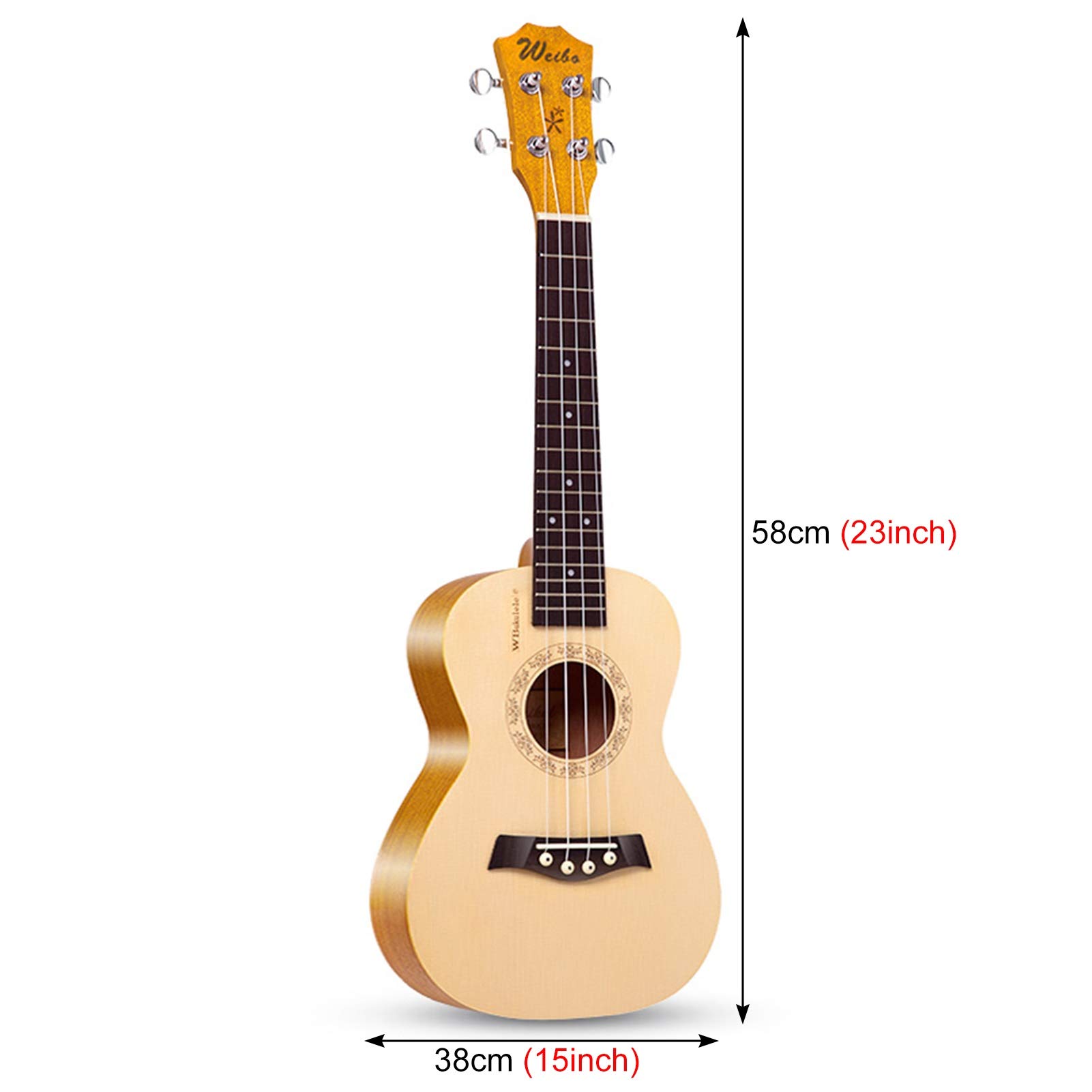 LXLA Ukulele dla początkujących, 63 cm drewniane ukulele sopranowe ze sznurkami i kostkami i torebką oraz kapodaster i sankbook - wybór prezentów urodzinowych na festiwale
