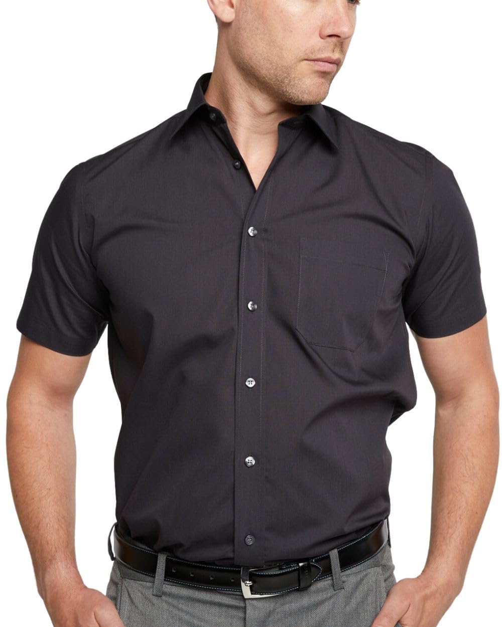 Double TWO Men's Short Sleeve Dress Shirt Easy Care Classic Fit Formal Plain Business Shirt - Black, 19.5in Collar
