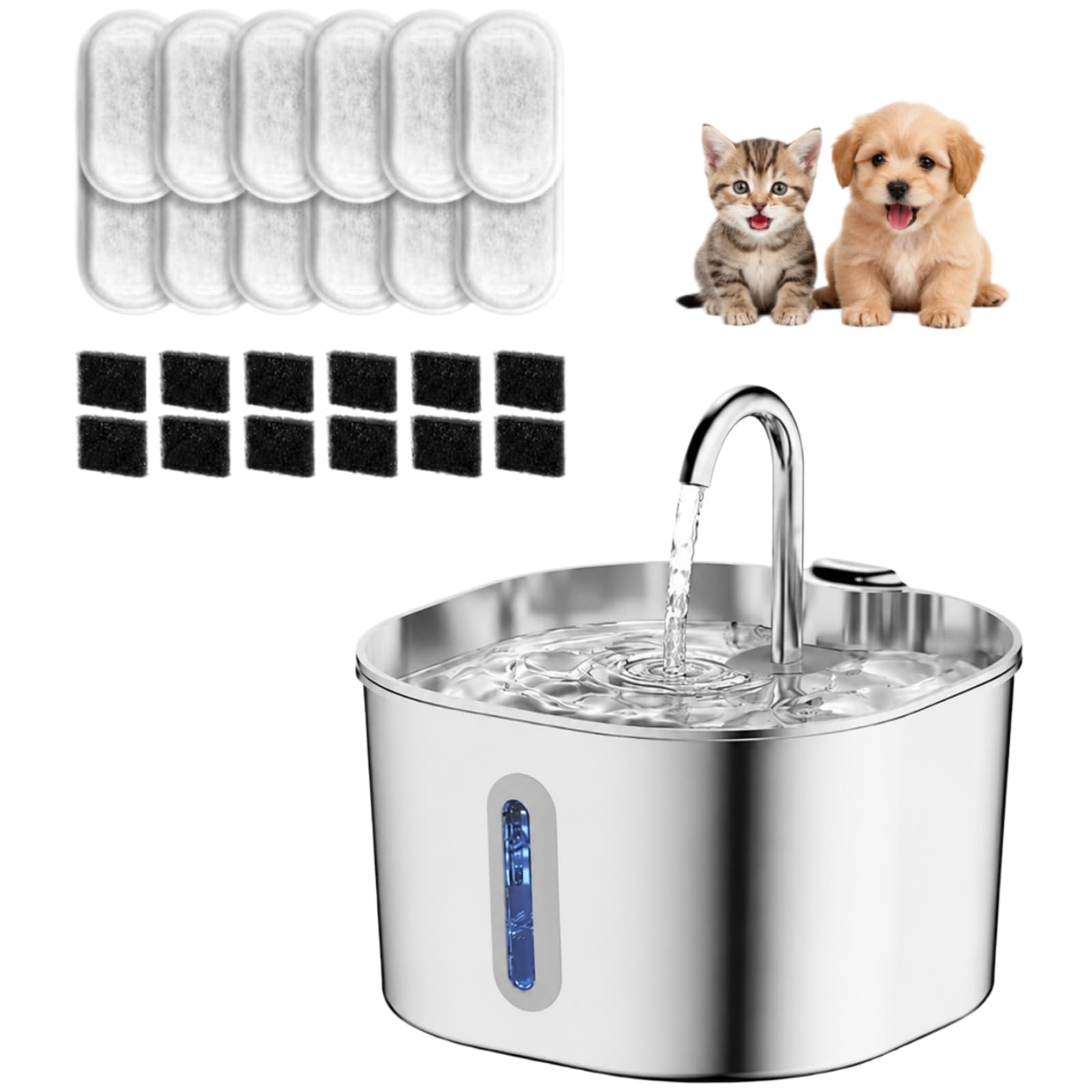 Cat Vitalis Fuente Gatos Acero Inoxidable - Fuente para Gatos de Acero Inoxidable 2,2 L con Filtro y Bomba Silenciosa para Agua Fresca (1 Artículo)