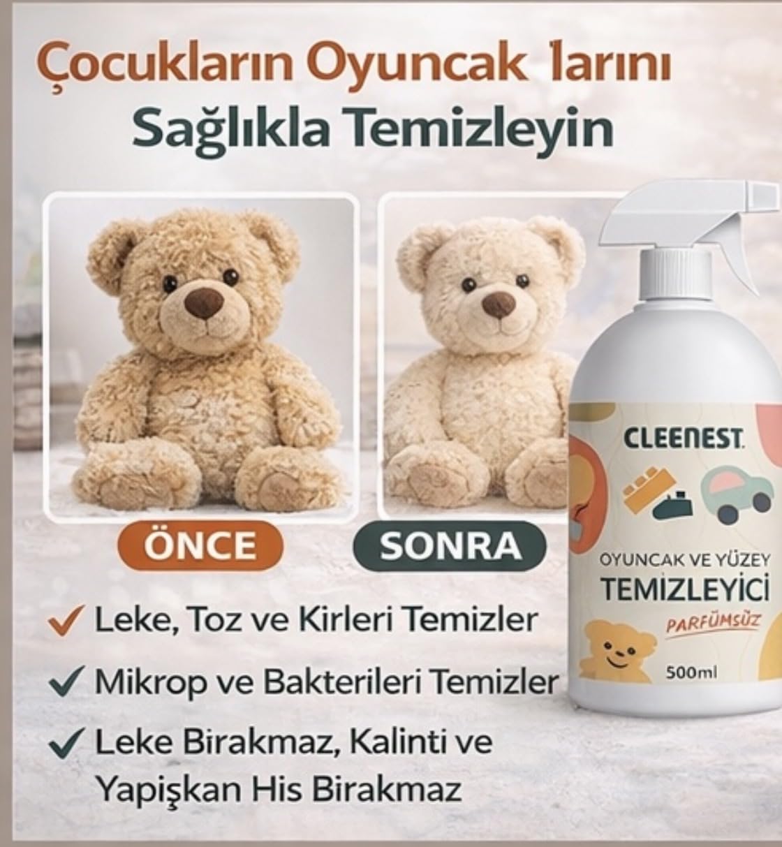 Cleenest Oyuncak Temizleyici Sprey 500 ml – Oyuncak, Mama Sandalyesi ve Yüzeyler için Parfümsüz Hijyen Spreyi