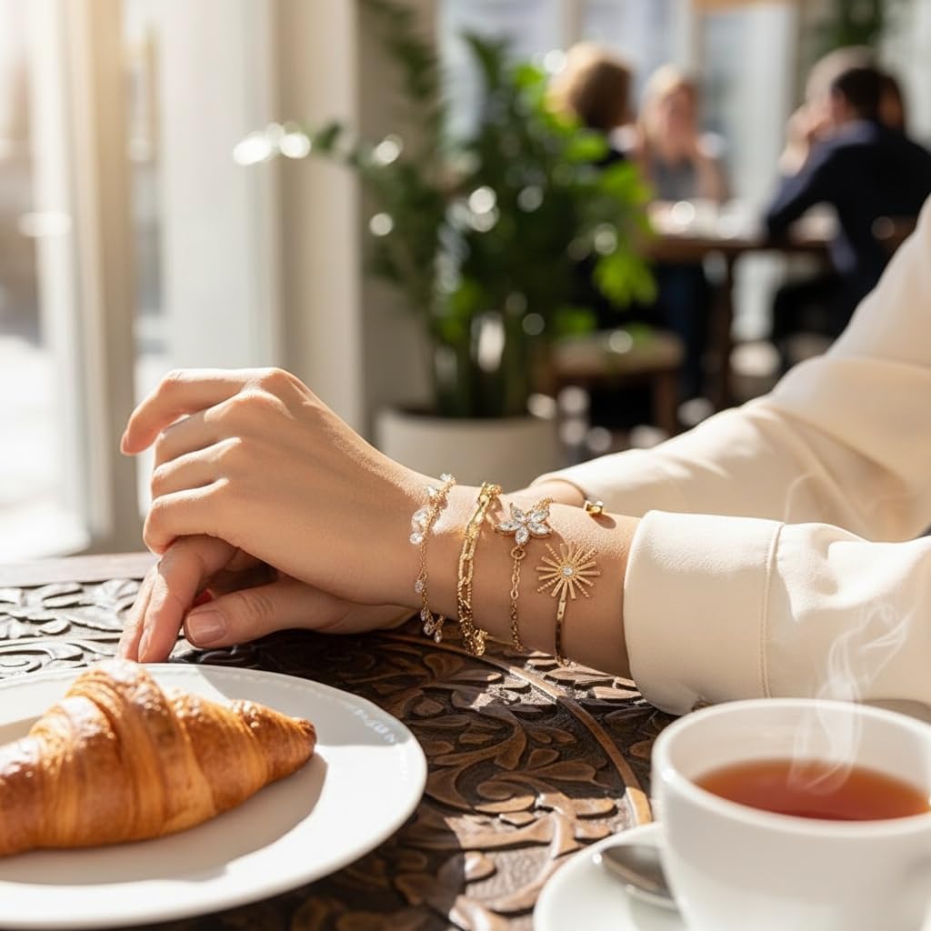 Stackable Gemstone & Rhinestone Bracelets Set with Faux Pearl Decor | 4pcs Dainty Stacking Cuff Bracelets, Flower Design Water Drill Chain Bracelet for Women - Versatile Layered Jewelry Gift Set - Image 5