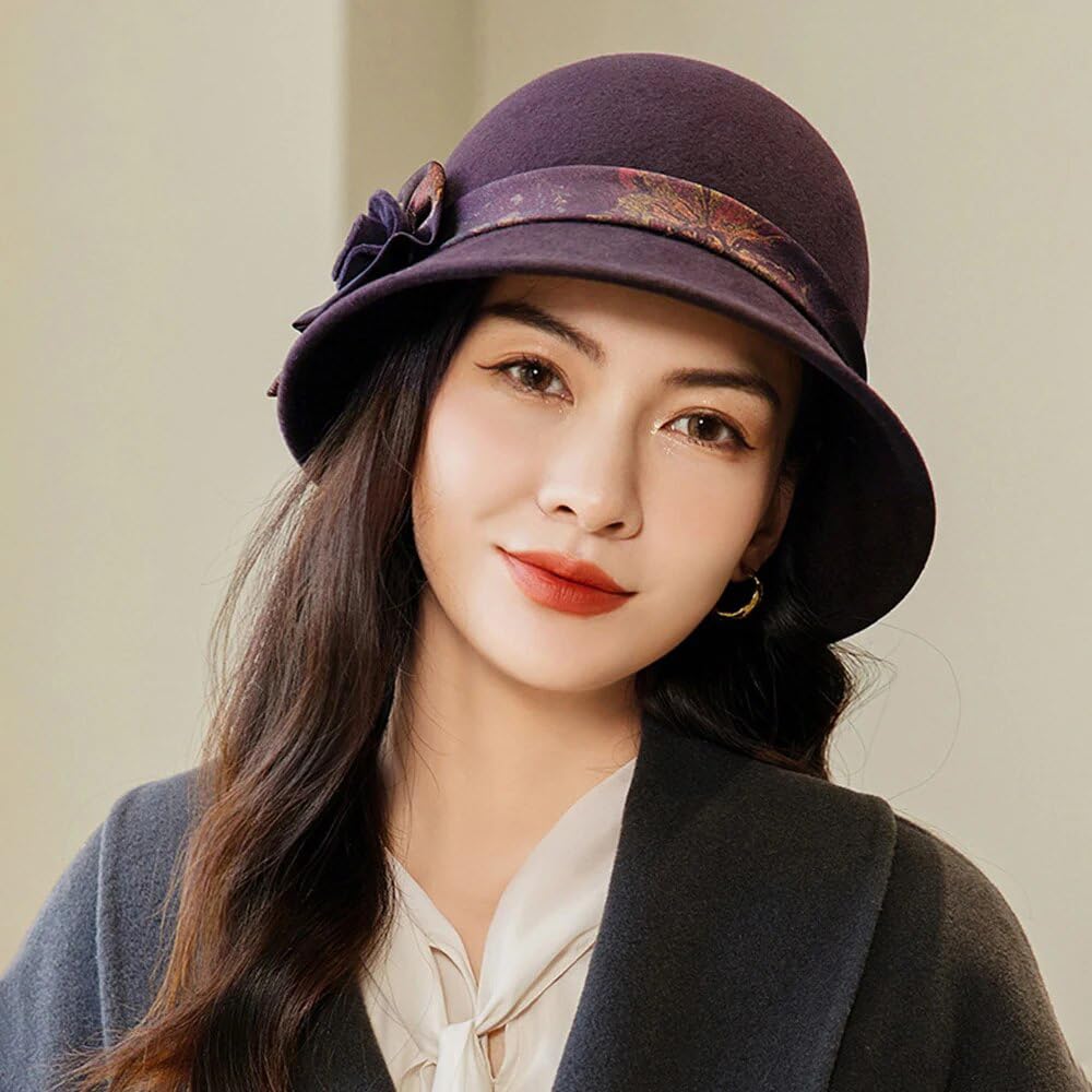 Eleganti Cappelli da Pescatore per Donna Matrimonio e Chiesa Primavera Autunno Feltro di Lana Fedora Signore Caldo Berretto Femmina (khaki95658cm M)