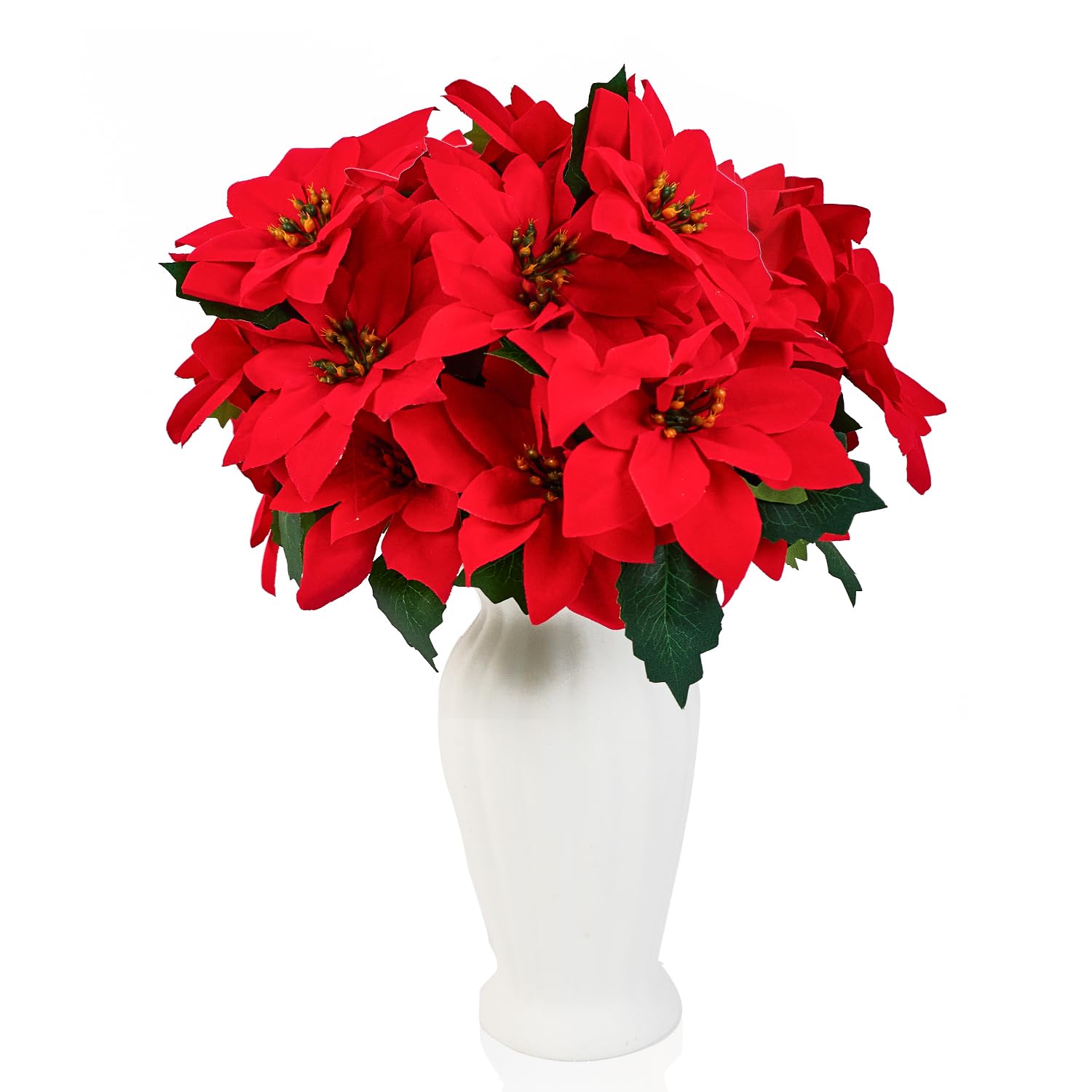 Dimetey 4Pcs Christmas Artificial Poinsettia Flowers,Red 7 Heads Silk Poinsettia Christmas Floral Bouquet Winter Artificial Bushes for Xmas Party Holiday Arrangements Decoration