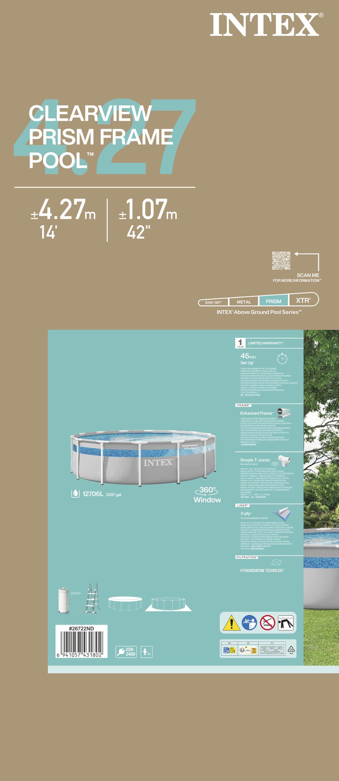 Intex 26722ND 4.27Mx1.07m Prism Frame Clearview Premium Pool Set (Includes Filter Pump, Safety Ladder, Ground Cloth, Pool Cover)