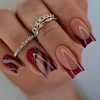 Press on Nails Medium Square Red Wavy Stripes False Nails with Design 24Pcs Artificial French Acrylic Nails Full Cover Glossy Coffin Fake Nails Nature Fit Stick on Nails Set Glue on Nails for Women