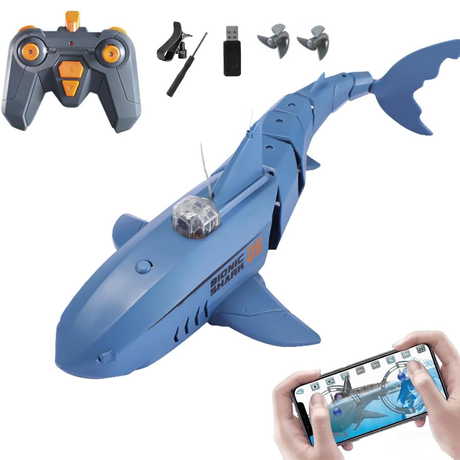 Genérico Barco RC Tiburón con Cámara Submarina HD, Control Remoto de 2.4G y App, Tiburón Eléctrico con Sistema de Doble Hélice para Piscina o Lago,Azul