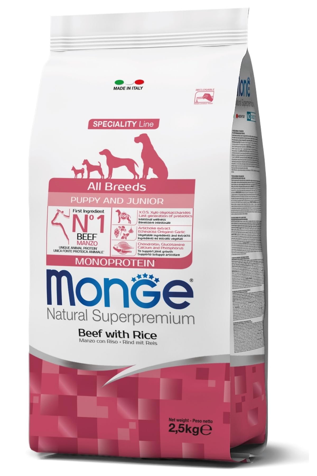Monge Natural Superpremium PUPPY AND JUNIOR BEEF AND RICE, cibo per cani per tutte le razze (cibo per cuccioli, cibo secco per cani con manzo e riso, molto ricco di fibre e vitamine, 2,​5 kg)
