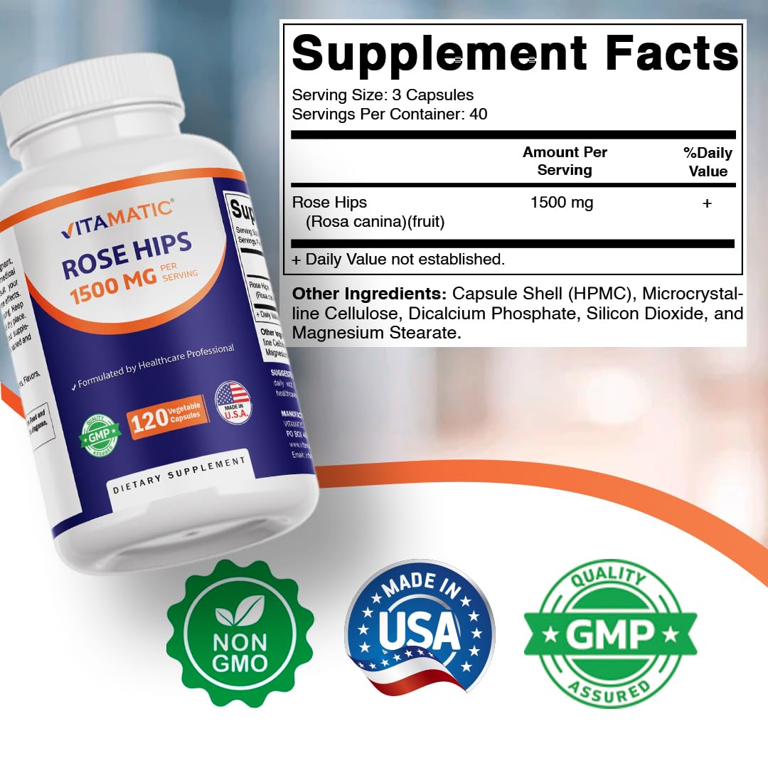 Vitamatic Rose Hips 1500 mg per Serving (Rosa Canina) – 120 Capsules – Non-GMO, Gluten Free Herbal Supplement – Rich in Natural Vitamin C & Antioxidants – Immune Support – Made in USA — Amazon image 2