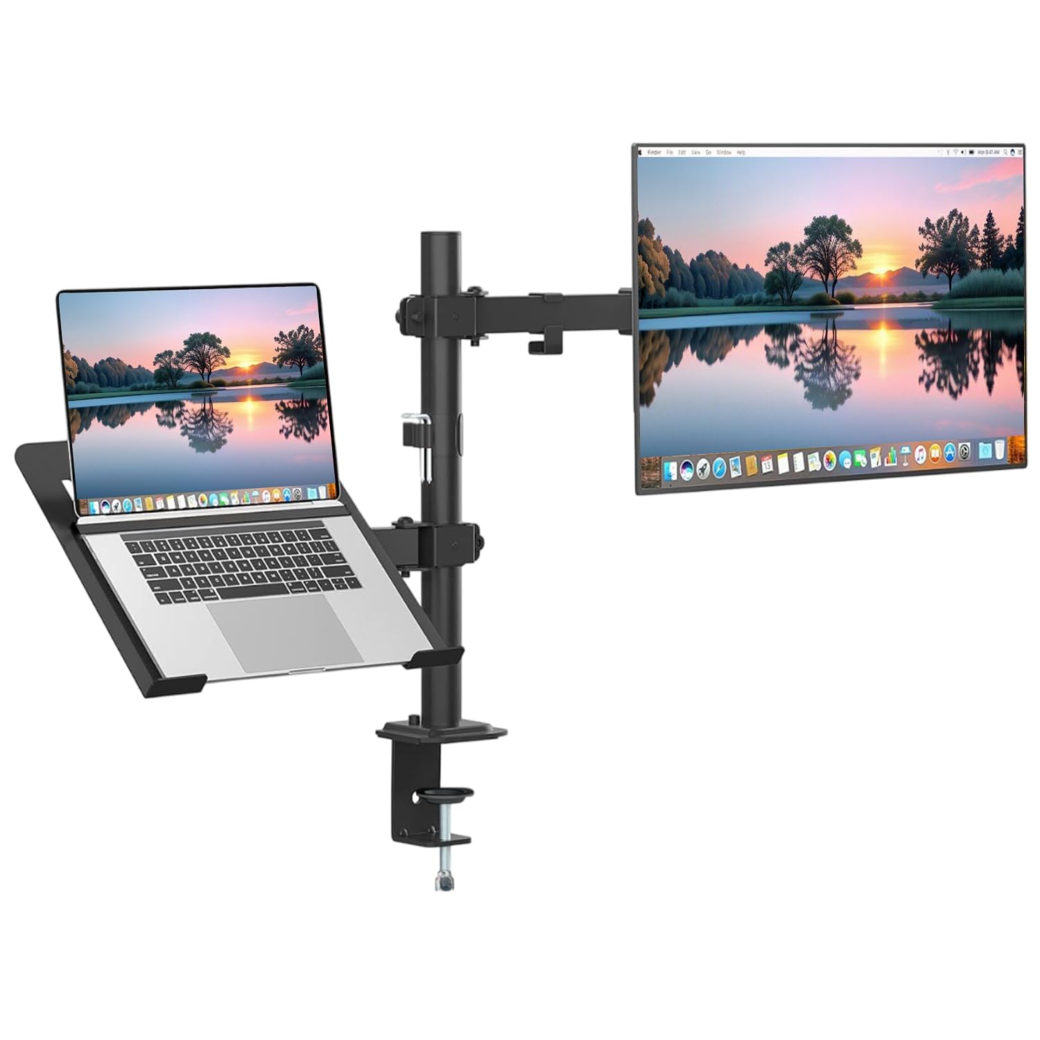 Dyazo Dual Monitor Desk Mount with Laptop Tray | Fits 13–32" Monitors & 10–15.6” Laptops | Fully Adjustable Arms with Height Adjustment & 360° Rotation | Dual Mount with C-Clamp/Grommet Base (Black)-image-34