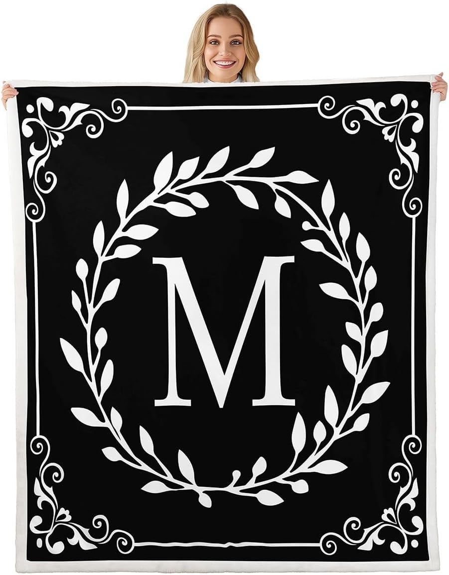 Monogram Letter M Fleece Blanket Black And White Sherpa Blanket Throw Size Boho Damask Floral Fuzzy Plush Throw Personalized Gifts For Adult Women Teens Kids Botanical Flower Decor For Sofa Couch