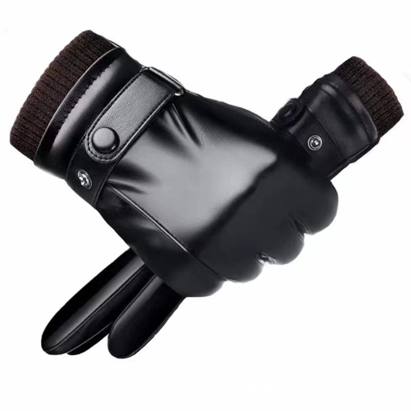 Men's Black Leather Winter Gloves, Adjustable Size, Touch Screen Compatible, Non-Slip Palm, Cashmere Lining