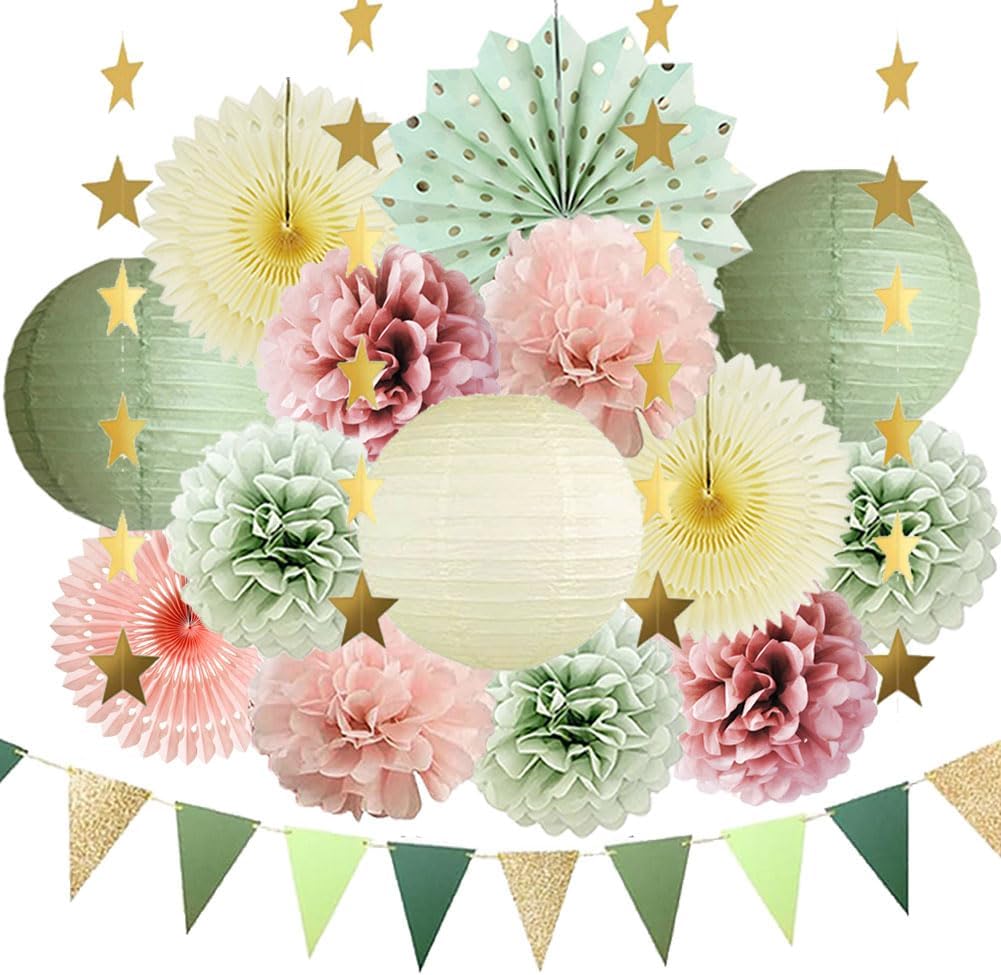 Sage Green and Dusty Pink Party Decorations Pastel Dusty Rose Sage Green and Blush Pink Party Decorations Paper Fans Poms for Boho Bridal Shower Engagement Baby Shower Bachelorette Birthday Wedding