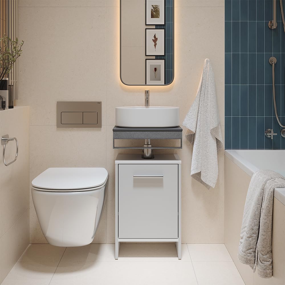 Vicco Meuble Vasque Simple Karli, Blanc, 38.2x57cm avec la Porte, Compatible avec Les siphons Standards et Installation Facile