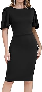 Women's Short Sleeve Sheath Midi Dress Elegant Fitted Modest Cocktail Ca...