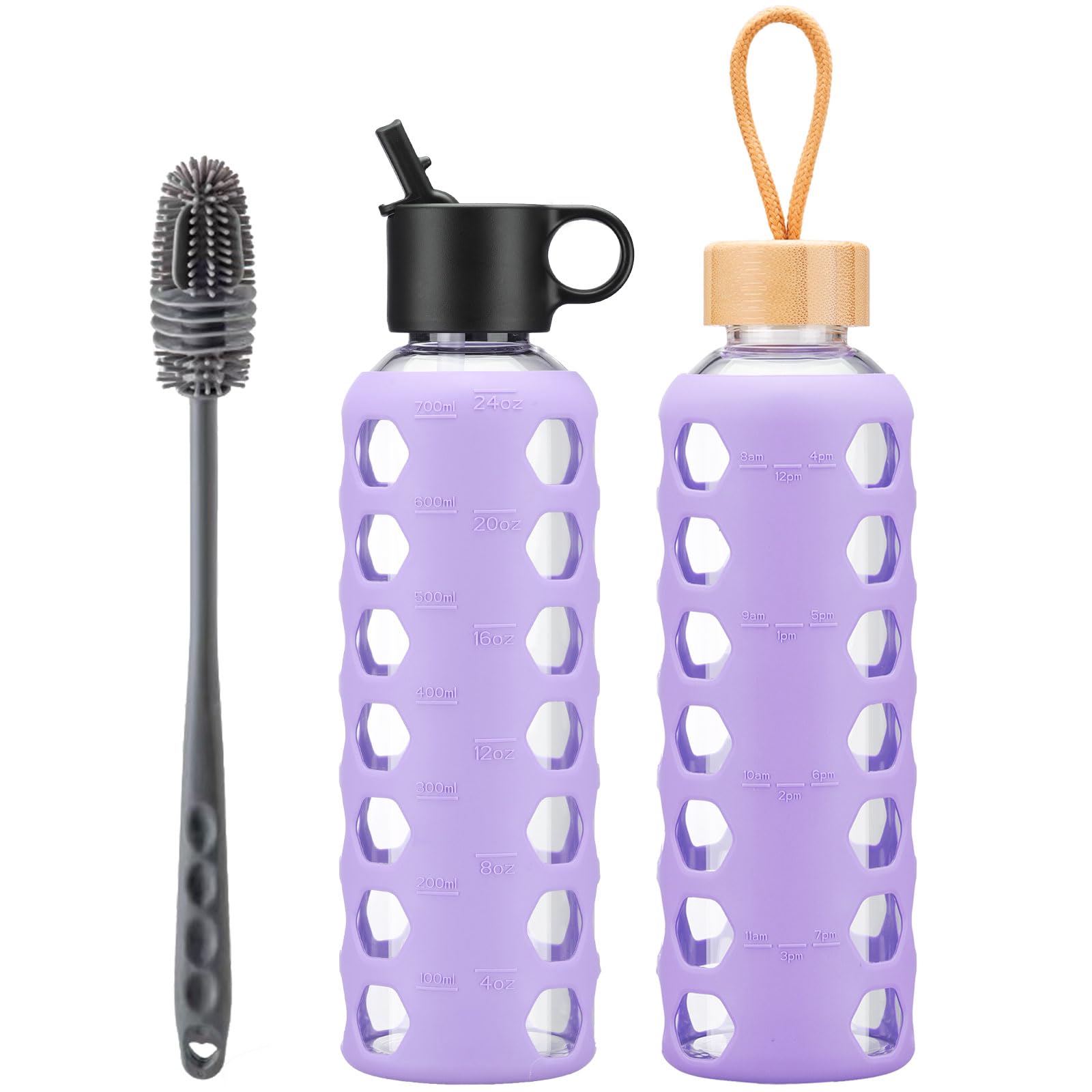 BLUEGO Borracce in vetro, 700ml Bicchiere in vetro, Bottiglie per bere con 2 coperchi, Bottiglia per l'acqua sportiva con custodia in silicone, A prova di perdite, Viola