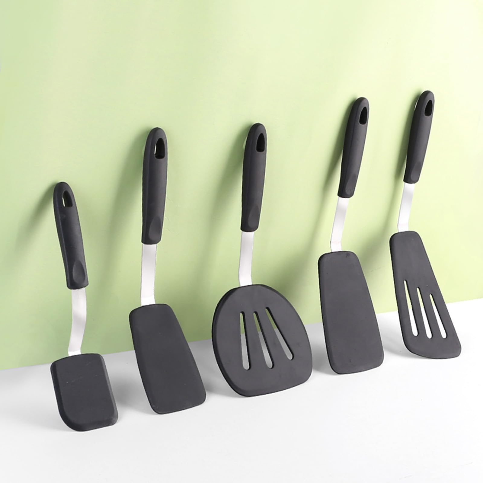 Spatola in Silicone in Acciaio Inossidabile Resistente Al Calore Manico Lungo Utensile da Cucina Strumento da Cucina Tornitore Scanalato Impugnatura in Gomma Flessibile