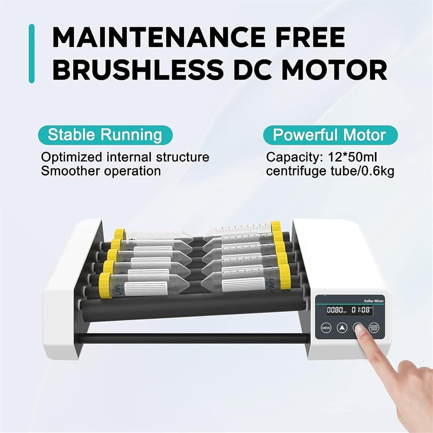 Mezclador digital de tubo, mezclador de vaso de laboratorio, velocidad ajustable 20-80 RPM, temporizador 1min-23h59min, modo continuo, distancia central de rodillos 34 mm, para aplicaciones químicas y