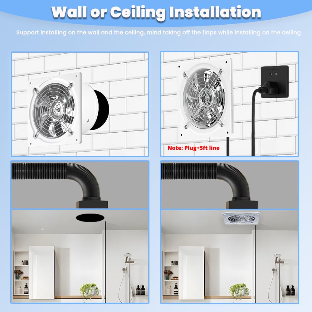 Ventilador de escape de cocina de 6 pulgadas con controlador de velocidad variable, ventiladores de ventilación de montaje en pared de 382CFM, ventilador de escape de metal para ático, ventilador de 6