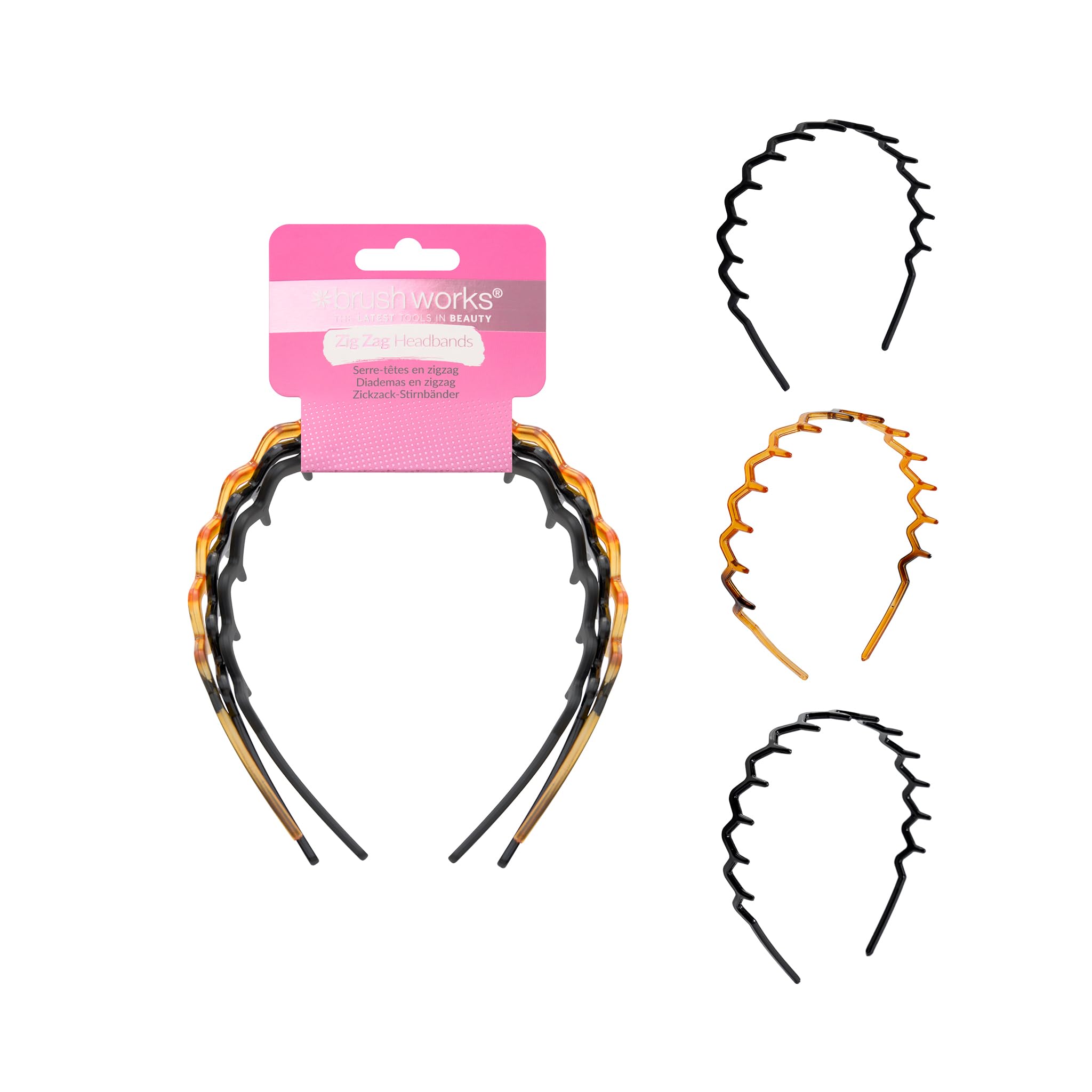 Brushworks Zig-Zag Headband 3-Pack – Retro-Modern Hair Accessory (Shiny Black, Matte Black, Tortoise) – Durable, Comfortable Grip