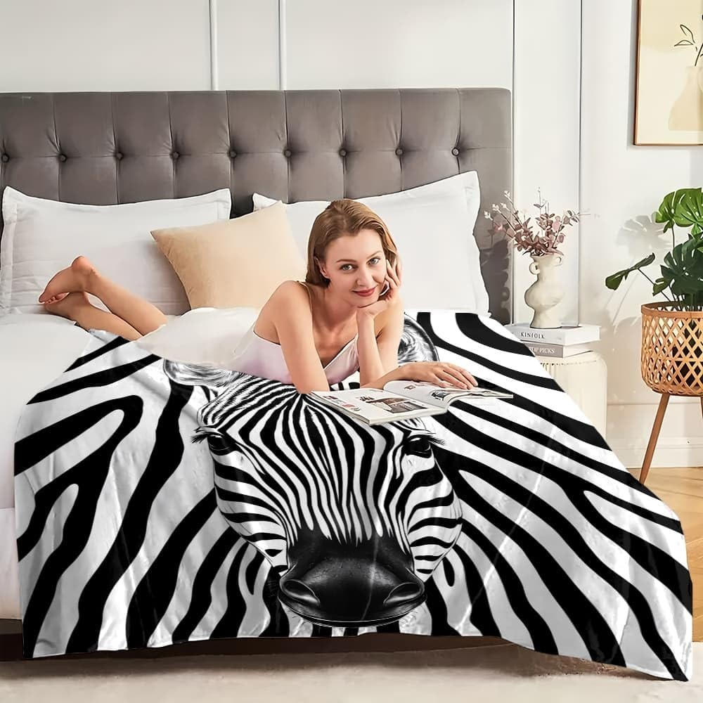Koc termiczny XXL 180 x 220 cm Abstrakcyjne Zwierzę Zebra Paski Polar Flanelowy Super Miękki I Miękki Czarno-biały Koc Polarowy do Sofy TV i łóżka Home Decor