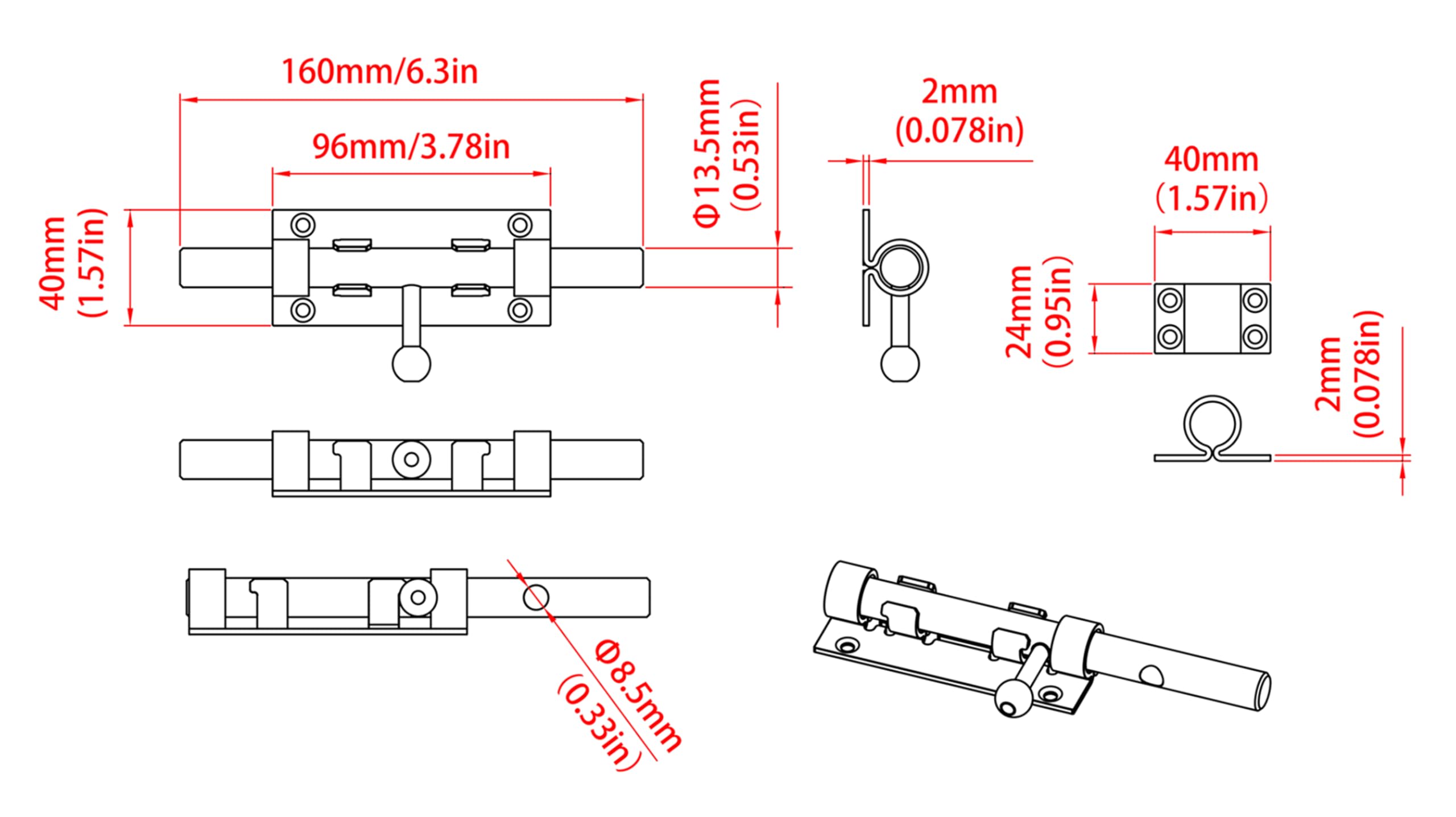 Cerradura de puerta de entrada sin llave, cerradura de metal de seguridad para puerta, pestillos deslizantes resistentes para puertas al aire libre, con herrajes para agujeros de candado, para vallas