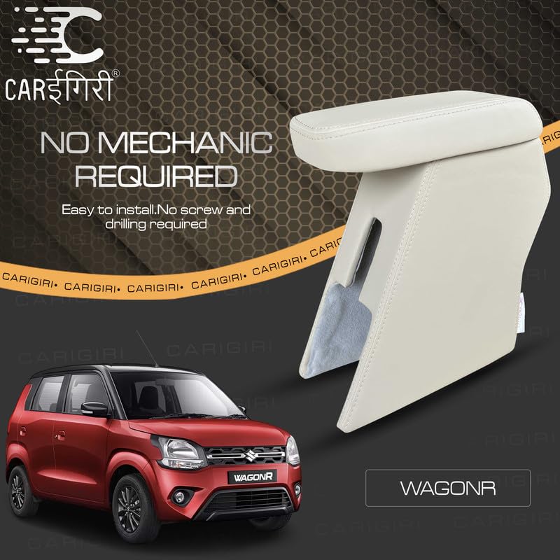 Image of Carigiri Premium Finish Car Armrest for Maruti Suzuki New WagonR with Moulded Foam And Storage Compartment (Nappa Leatherette,Double Stitching)(Models-2019-2024) (Beige Seam)