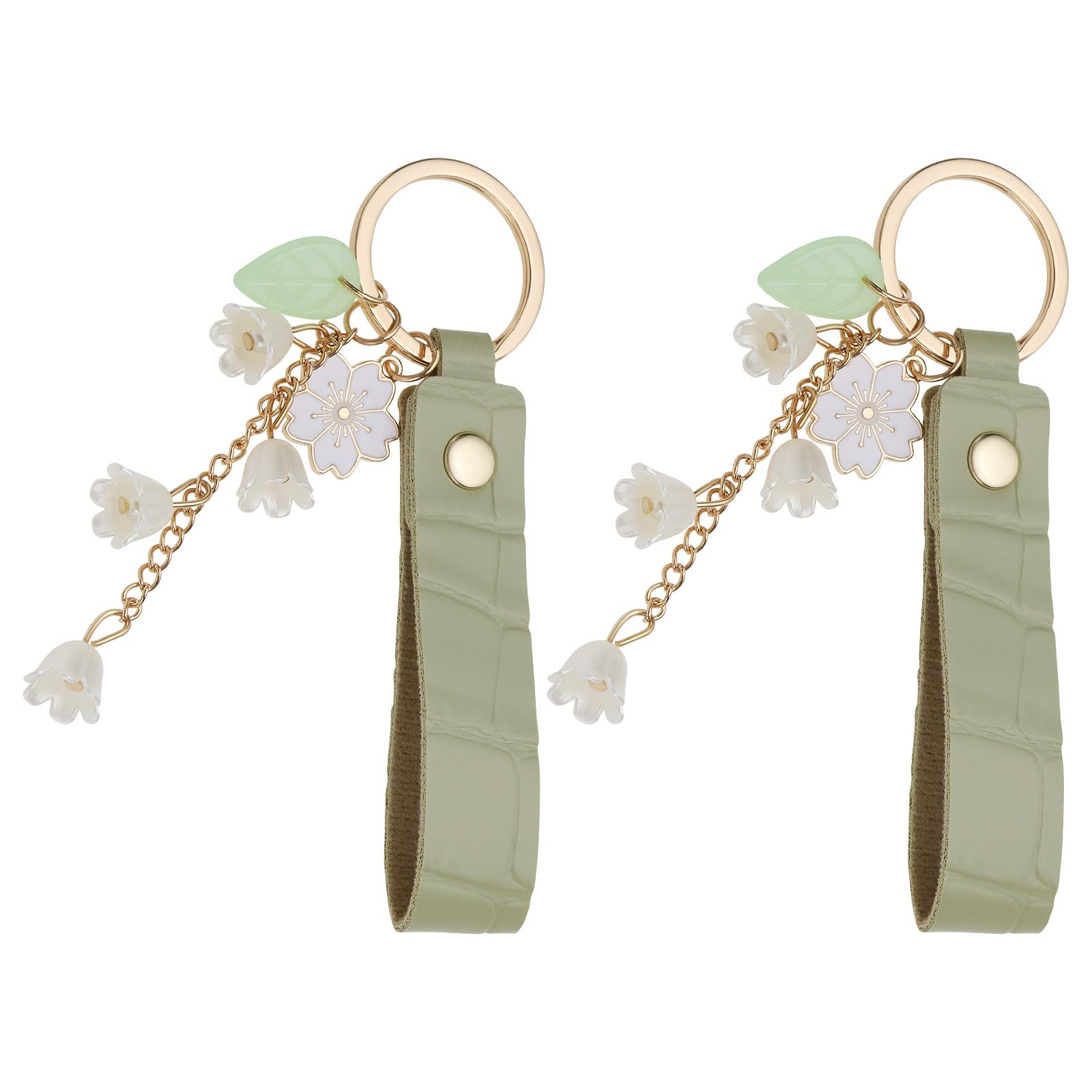 Create Idea Women's Green 2Pcs Lily Of The Valley Flower Key Chain For Car Keys Leather Key Rings Handbag Key Chain With Grass Strap And Gold Clasp (1.7X18cm)