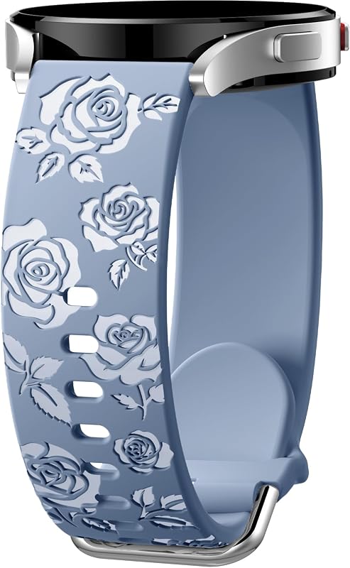 DaQin Glossy Floral Engraved Bands Compatible with Galaxy Watch 7 6 5 4 40mm 44mm/5 Pro/6 Classic 47mm/ Watch 4 Classic/Active 2, 20mm Soft Cute Silicone Sport Strap for Samsung Watch Bands Women Men