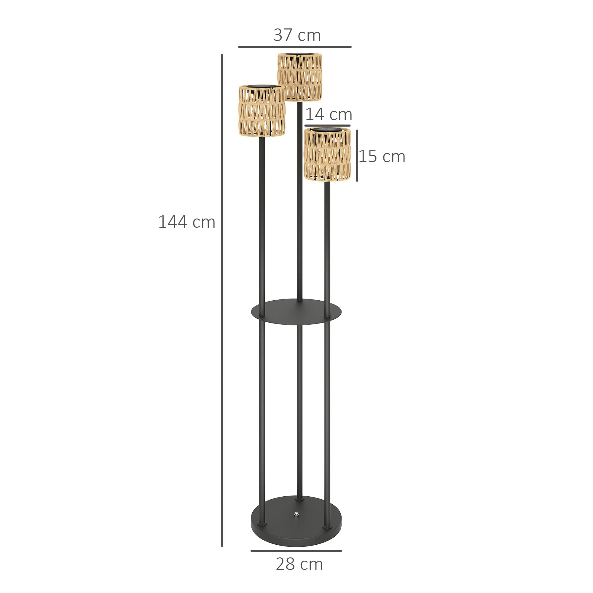 Outsunny Lámpara de Pie Solar de 3 Luces Estilo Boho con Estante Central y Base Redonda, Lámpara de Exterior de Ratán PE y Acero, IP44, para Salón, Dormitorio, Negro y Amarillo