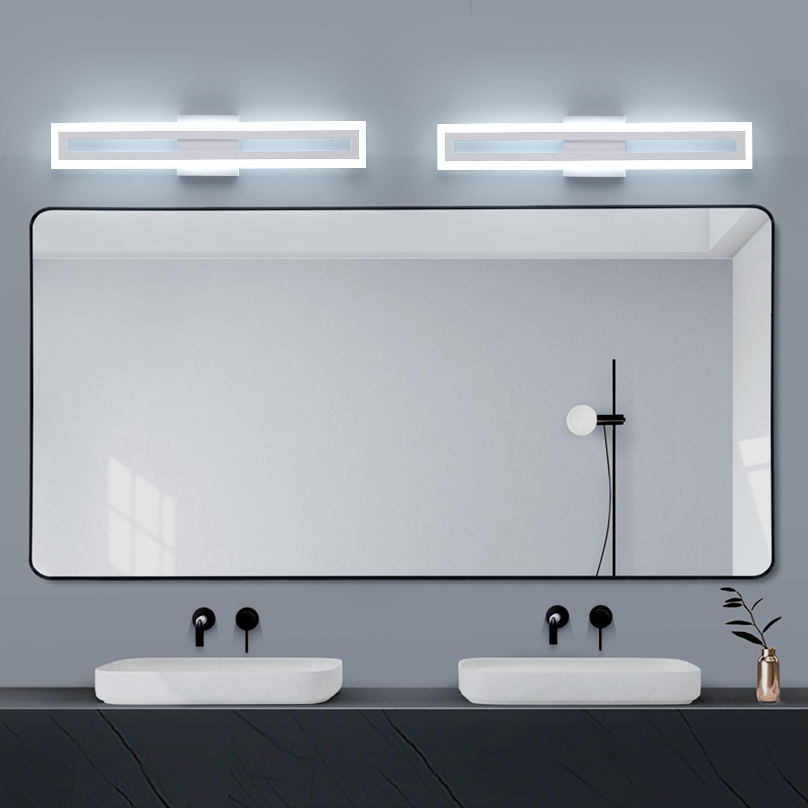 Aplique LED para Espejo de Baño, 60cm 20W 2000lm IP44, Luz Blanco Frío 6000K, Montaje Empotrado, Blanco y Acrílico Moderno