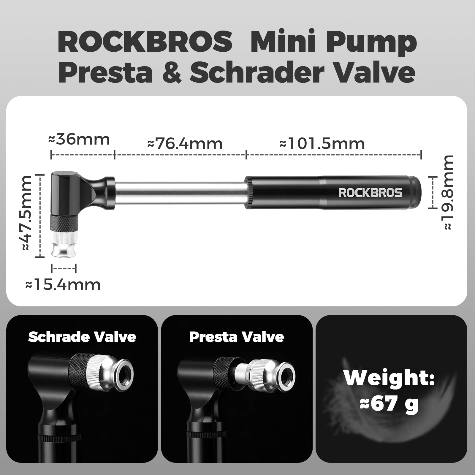 ROCKBROS Pompa per Bicicletta, Mini Pompa Bici MTB Portatile Tubo Allungato, Adatta per Valvola Presta Schrader, con Supporto Installabile Insieme al Porta Borraccia, 130 PSI, Nero