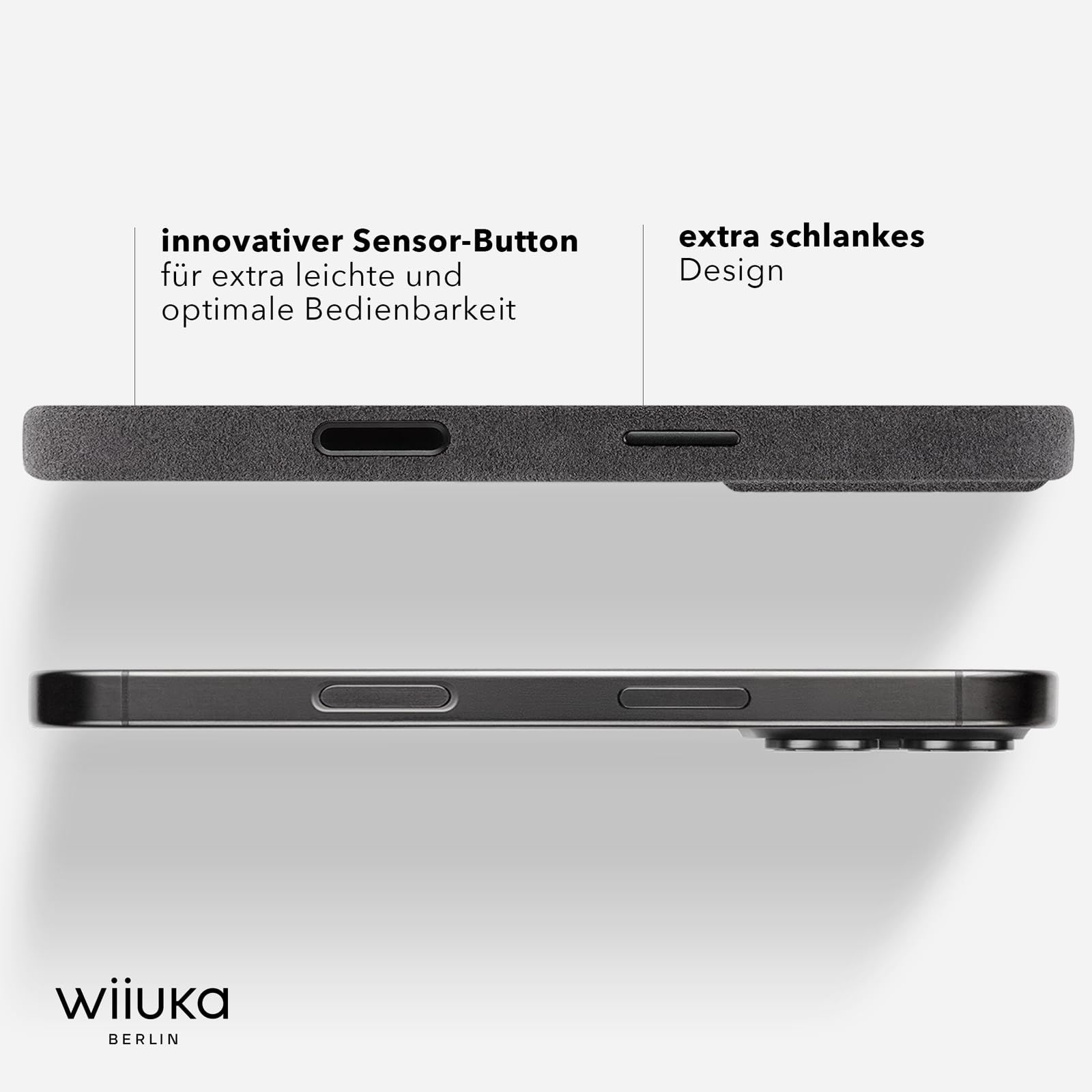 WIIUKA futerał na iPhone 16 Pro Max, oryginalna alcantara®, ręcznie robiona, bardzo cienka, etui klasy premium, Qi, alternatywa dla skóry, skiin Alcantara, kolor Mystery Grau