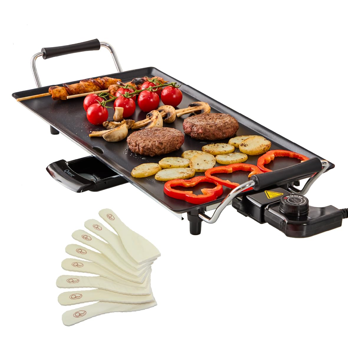 Quest XL Teppanyaki Grill, Non Stick Electric Grill, Adjustable Thermostat, Includes 8 Wooden Spatulas, For Parties, Family Meals & More, 70cm x 23cm Cooking Plate